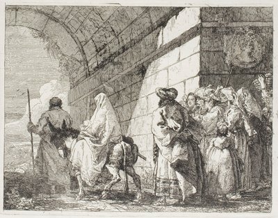 街の門から出て行く聖家族、『エジプトへの逃避』のプレート 7 作： Giovanni Domenico Tiepolo