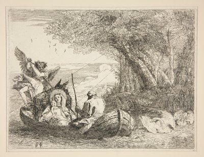 ボートで旅する聖家族、シリーズ Idee pittoresche sopra la fuga in Egitto (Flight into Egypt) より 作： Giovanni Domenico Tiepolo