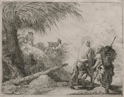 シリーズ Idee pittoresche sulla fuga in Egitto (Flight into Egypt) からの岩だらけの道の聖家族 作： Giovanni Domenico Tiepolo