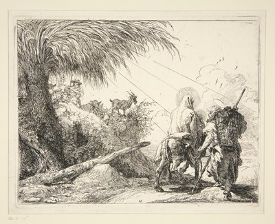 シリーズ Idee pittoresche sulla fuga in Egitto (Flight into Egypt) からの岩だらけの道の聖家族 作： Giovanni Domenico Tiepolo