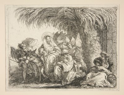 ヤシの木の下の聖家族、シリーズ Idee pittoresche sopra la fuga in Egitto (Flight into Egypt) より 作： Giovanni Domenico Tiepolo