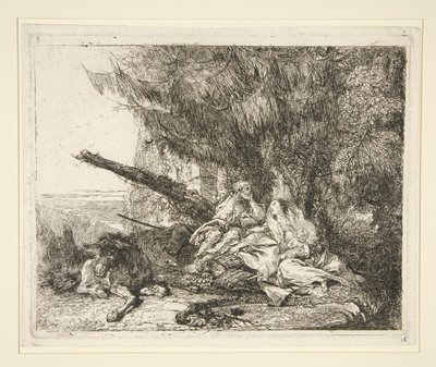 シリーズ Idee pittoresche sopra la fuga in Egitto (Flight into Egypt) の「エジプトへの逃避の休息」 作： Giovanni Domenico Tiepolo