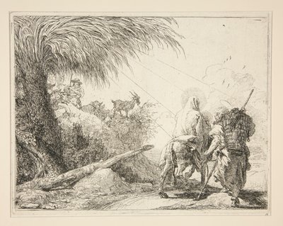 シリーズ Idee pittoresche sopra la fuga in Egitto (Flight into Egypt) から、ロバに乗って後ろから見た聖母 作： Giovanni Domenico Tiepolo