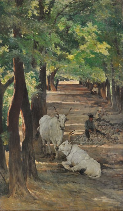 牛と砕石機のある通り 1875年頃（油彩・キャンバス） 作： Giovanni Fattori