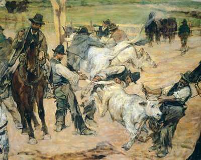 マレンマでの若い雄牛の焼印、1887年頃、ジョヴァンニ・ファットーリ（1825-1908）作、86x172cm、詳細 作： Giovanni Fattori