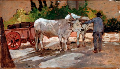 雄牛と農民を乗せた荷車 - 絵画 作： Giovanni Fattori
