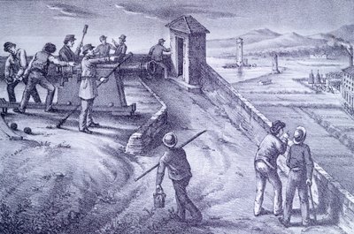 サン・ピエトロ要塞からのリヴォルノ防衛、ジョヴァンニ・ファットリ（1825-1908）作、エングレーヴィング 作： Giovanni Fattori