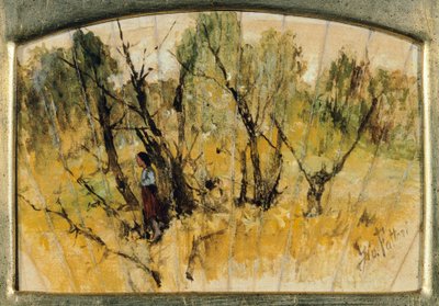 ジョヴァンニ・ファットーリ作「扇子の習作である人物のいる森」油彩・紙・キャンバス 作： Giovanni Fattori
