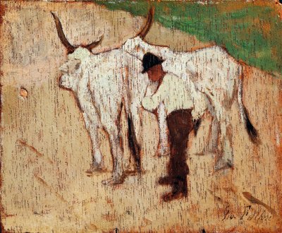 ジョヴァンニ・ファットーリ（1825-1908）作 「牧童と牛」 油彩・パネル 作： Giovanni Fattori