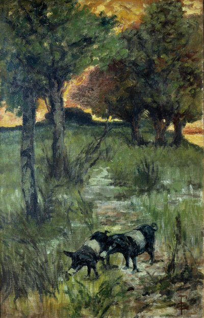 イタリア、フィレンツェ、牧草地の豚 作： Giovanni Fattori