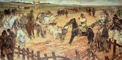 ジョヴァンニ・ファットーリ（1825-1908）の「マレンマの若い雄牛に印をつける」、油彩・キャンバス、885 cm x175 作： Giovanni Fattori