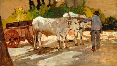 ジョバンニ・ファットーリ（1825-1908）の「庭の牛」。 作： Giovanni Fattori