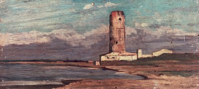 ジョヴァンニ・ファットーリ（1825-1908）の「マルゾッコの塔」（赤い塔）、パネルに油彩 作： Giovanni Fattori