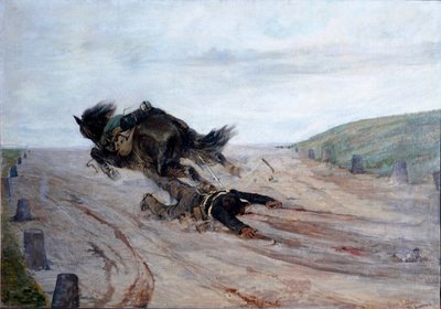 The foot in the horse (Lo staffato) The horse fall.ジョヴァンニ・ファットーリ（1825-1908）による絵画 1878-1879年 薄さ90x130cm フィレンツェ、ガレリア・ダルテ・モデルナ 作： Giovanni Fattori