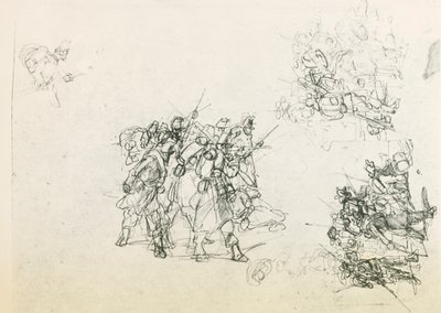 兵士のグループを描いた3つのスケッチ（黒鉛筆 作： Giovanni Fattori