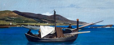 ジョヴァンニ・ファットーリ（1825-1908）作、パネルに油彩、22.5x56.5cm「船と漁師のいるロミートの先端 作： Giovanni Fattori