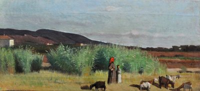 群れを連れた二人の農婦、リヴォルノの田舎にて、1865年頃、油彩・カンヴァス 作： Giovanni Fattori