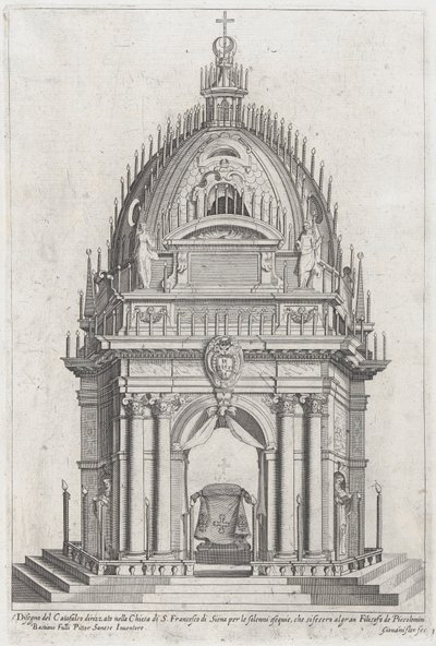 フランチェスコ・ピッコロミーニのカタファルクのデザイン、1607年。 作： Giovanni Florimi