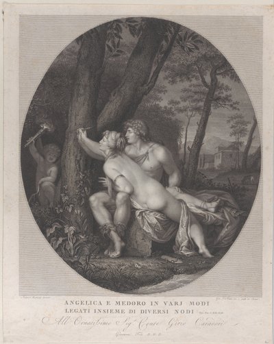 メドロの膝の上に横たわり、木の幹に自分の名前を書くアンジェリカ、1784～1836年。 作： Giovanni Folo