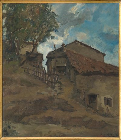 Mountain Traditional Housefarm (合板に油彩) 作： Giovanni Forghieri