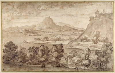 丘の町と遠くの山のある風景（白い紙にペンと茶色のインク、茶色のウォッシュ 作： Giovanni Francesco Grimaldi