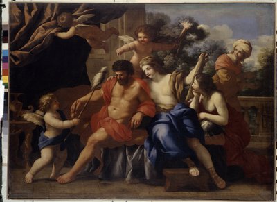 ヘラクレスとオンファレ（ヘラクレスとオンファレ）。 ジョヴァンニ フランチェスコ ロマネッリ (1610-1662) による絵画、キャンバスに油彩、1650 年頃。 イタリア美術 作： Giovanni Francesco Romanelli