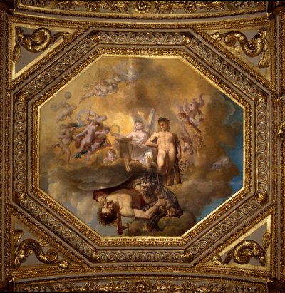 メドゥーゼを殺すペルセ。ジョヴァンニ・ロマネリ（1601-1662）による絵画で、オーストリア王妃アンネ（1601-1666）の夏の居室の寝室であるアントナイン・ホールの天井を飾るもの。1655-1658年頃。パリ、ルーヴル美術館 作： Giovanni Francesco Romanelli