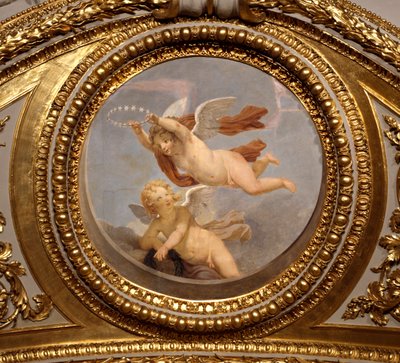 愛。ジョヴァンニ・ロマネリ（1601-1662）が描いた絵画で、オーストリア王妃アンネ（1601-1666）の夏の居室の寝室であるアントナイン・ホールの天井を飾っています。1655-1658年頃。パリ、ルーヴル美術館 作： Giovanni Francesco Romanelli