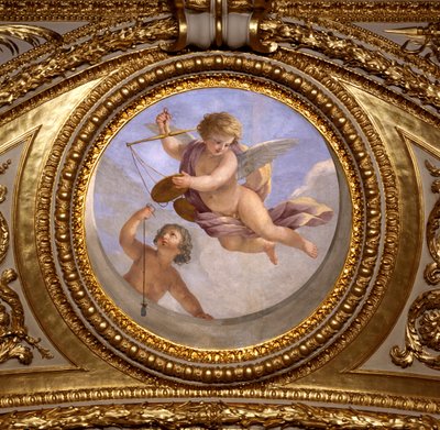 正義の愛。ジョヴァンニ・ロマネリ（1601-1662）が描いた絵画で、オーストリア王妃アンネ（1601-1666）の夏の居室の寝室であるアントナイン・ホールの天井を飾っています。1655-1658年頃。パリ、ルーヴル美術館 作： Giovanni Francesco Romanelli