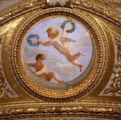 平和の愛。ジョヴァンニ・ロマネリ（1601-1662）が描いた絵画で、オーストリア王妃アンネ（1601-1666）の夏の居室の寝室であるアントナイン・ホールの天井を飾っています。1655-1658年頃。パリ、ルーヴル美術館 作： Giovanni Francesco Romanelli
