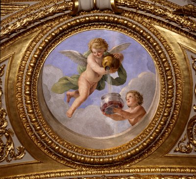 コンチネンタルの愛。ジョヴァンニ・ロマネリ（1601-1662）が描いた絵画で、オーストリア王妃アンネ（1601-1666）の夏の居室の寝室であるアントナイン・ホールの天井を飾っています。1655-1658年頃。パリ、ルーヴル美術館 作： Giovanni Francesco Romanelli