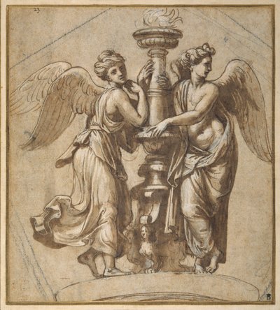 キャンデラブラムを抱く勝利者たち（紙にペン、茶インク、黒チョーク 作： Giovanni Francesco (c.1488 1528) Penni