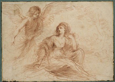 ハガルとイシュマエルに現れる天使、1653年頃（赤いチョーク） 作： Giovanni Francesco Barbieri
