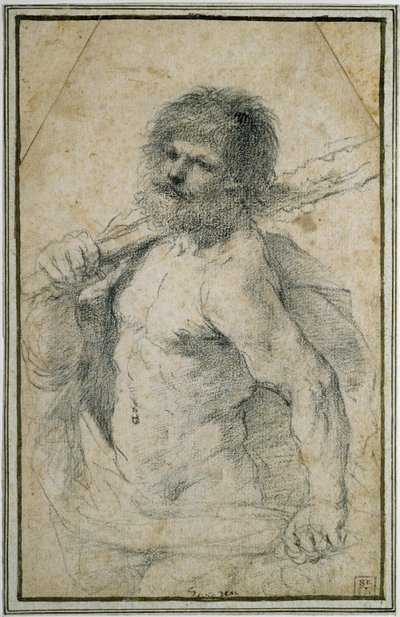 ヘラクレス、1555年-1666年（オフホワイトの紙に黒いチョーク） 作： Giovanni Francesco Barbieri