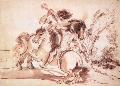 2つの騎手格闘（ペンとインクと紙の上で洗う） 作： Giovanni Francesco Barbieri