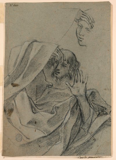 女性の顔と男性がリクライニングし、右手で前腕を使って習作を描く 作： Giovanni Francesco Barbieri