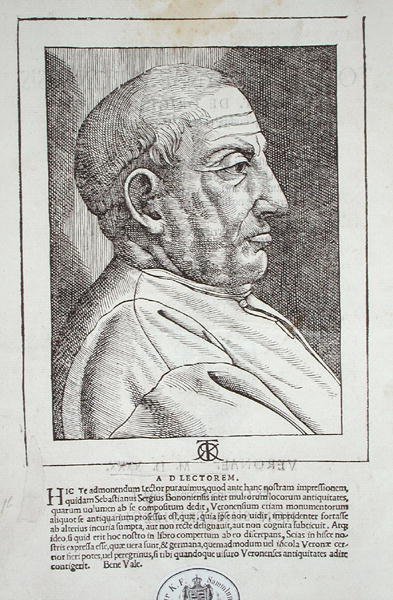ヴェローナで出版されたTorello Saraynaの「De Origine et Amplitudine Civitatis Veronae...」からの著者の肖像。 作： Giovanni Francesco Caroto