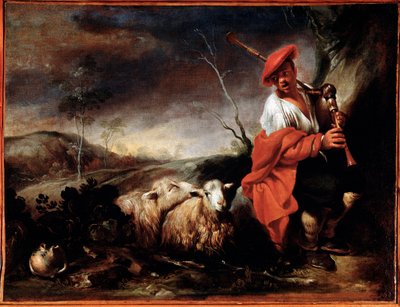 羊を連れてバグパイプを吹く羊飼い ジョヴァンニ・フランチェスコ・カスティリオーネ（1641/42-1716）の絵 ジュネス、ストラーダ・ヌオーヴァ美術館（元パラッツォ・ビアンコ）。 作： Giovanni Francesco Castiglione