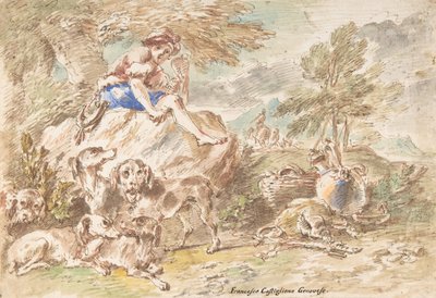 風景の中に犬を連れた若いハンター、1641～1710年。 作： Giovanni Francesco Castiglione