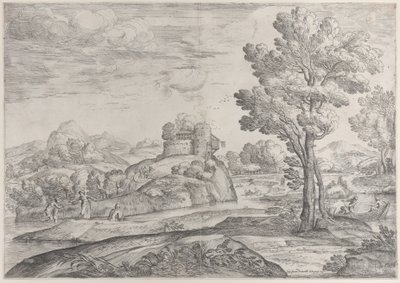 中央の丸い岩の上にある家、川とカヌーの人々、1626-80。 作： Giovanni Francesco Grimaldi