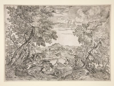川辺に三人の男がいる風景 作： Giovanni Francesco Grimaldi
