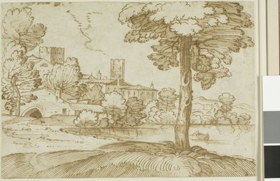 右に大樹のある風景、左に町の遠景 作： Giovanni Francesco Grimaldi