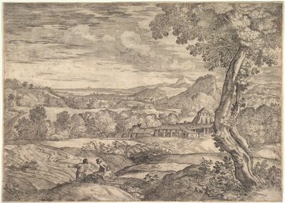 中景に煉瓦工場、前景に立っている男性のいる風景 p..., 1626-80. 作： Giovanni Francesco Grimaldi