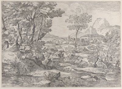 町を背景にした風景の中の 3 人の少年、1626 ～ 80 年。 作： Giovanni Francesco Grimaldi