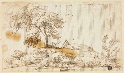 丘の中腹の木の下に座っている 2 人の男性 作： Giovanni Francesco Grimaldi