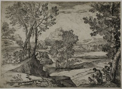 風景の中の女性、彼女の子供、そして立っている男性 作： Giovanni Francesco Grimaldi