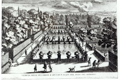 1689年に出版されたジョヴァンニバティスタファルダ（c.1648-1787）によるルフォンターネのチボリのヴィラデエステにある養魚池 作： Giovanni Francesco Venturini