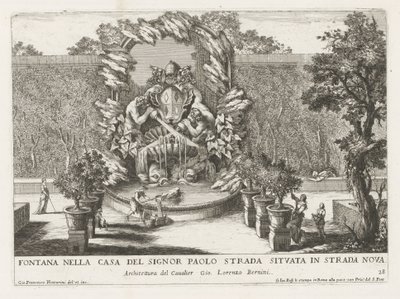 教皇の紋章、2 頭のトリトン、イルカのある噴水 Fontana nella casa del signor Paolo strada situata in strada nova (オブジェクトのタイトル) Le fontane ne palazzi e ne giardini di Roma (シリーズタイトル) ローマの宮殿と庭園の噴水 ( 作： Giovanni Francesco Venturini