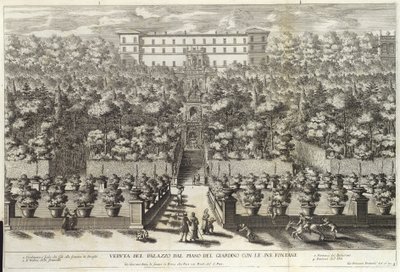 パブのラフォンターネからの噴水のあるガーデンフロアからの宮殿の眺め。 c 1691 作： Giovanni Francesco Venturini