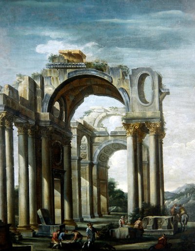 人物入り古典的遺跡のカプリッチョ（油彩・キャンバス） 作： Giovanni Ghisolfi